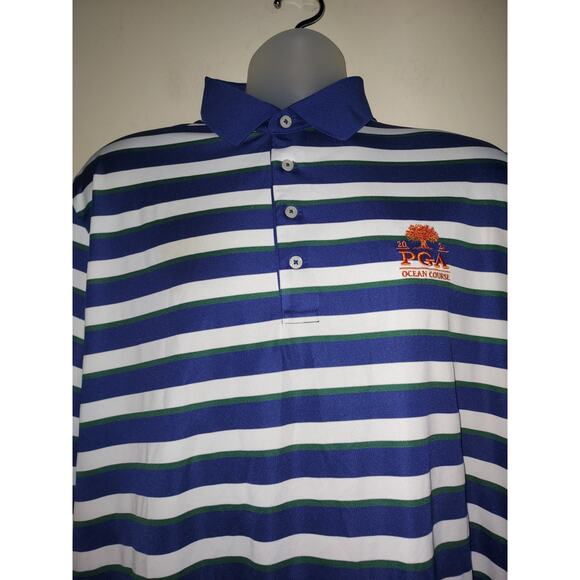 Polo Golf Ralph Lauren Shirt Mens XL Short Sleeve PGA Kiawah Blue White Striped - Picture 1 of 8
